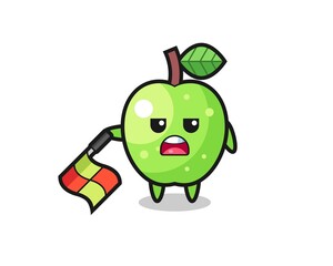 green apple character as line judge hold the flag down at a 45 degree angle