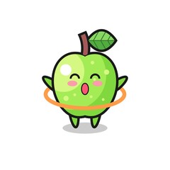 cute green apple cartoon is playing hula hoop