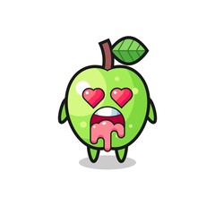 the falling in love expression of a cute green apple with heart shaped eyes