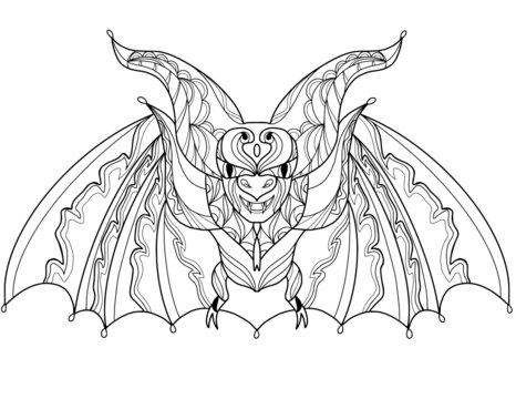 Antistress coloring book for adults.  A bat with spread wings.  Relaxation and meditation.  Example for a tattoo