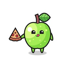 cute green apple cartoon eating pizza