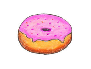 Pink donut drawing with crayon on white paper