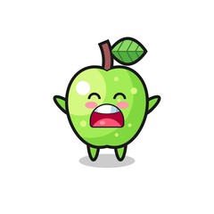 cute green apple mascot with a yawn expression
