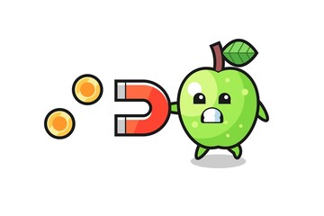 the character of green apple hold a magnet to catch the gold coins
