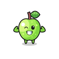 the muscular green apple character is posing showing his muscles