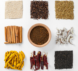 collection or variety of spices isolated on white background top view