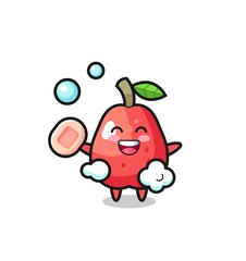 water apple character is bathing while holding soap