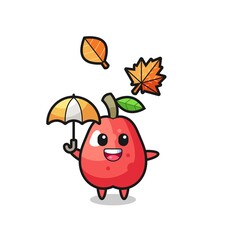 cartoon of the cute water apple holding an umbrella in autumn