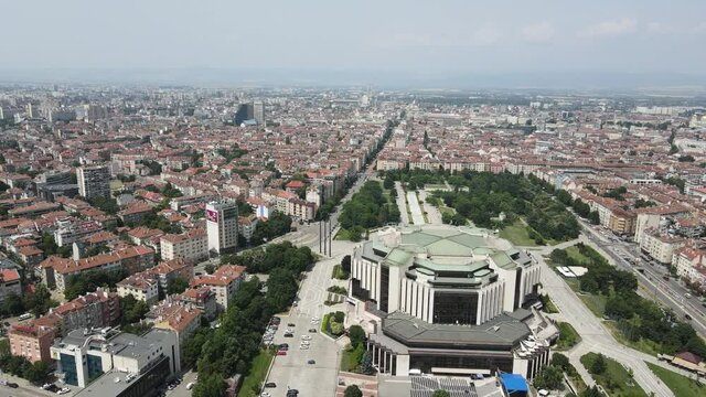  Aerial view of National Palace of Culture in city of Sofia, Bulgaria