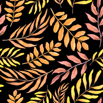 Watercolor seamless pattern with vintage leaves. Beautiful botanical print with colorful foliage for decorative design. Bright spring or summer background. Vintage wedding decor. Textile design. © Natallia Novik