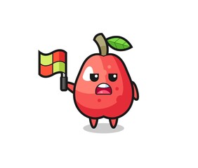water apple character as line judge putting the flag up