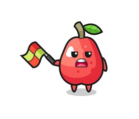 water apple cartoon as the line judge hold the flag up at a 45 degree angle