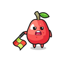 water apple character as line judge hold the flag down at a 45 degree angle