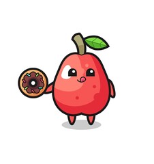 illustration of an water apple character eating a doughnut