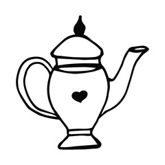Teapot vector icon. Teapot for tea ceremonies. Container for tea. Doodle kettle. Teapot with a long spout and handle. Drawing of the heart.