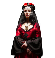 Isolated photo of mysterious woman, witch with runic makeup in red gothic dress, crown with skull...