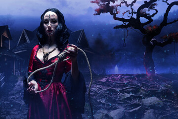 Beautiful sorceress or witch with runic makeup in red gothic dress and wooden animal skull amulet holding a noose standing in mystical forest with wooden huts and ghosts. Halloween concept.