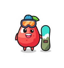 Illustration of water apple character with snowboarding style