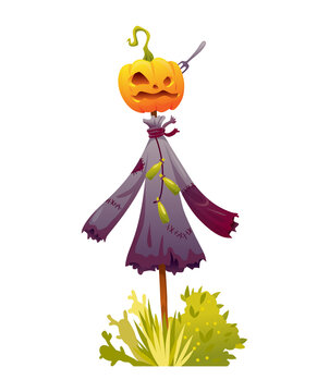 Scarecrow was put on a stick. Stylized cartoon character.  icon for decoration rural meadow