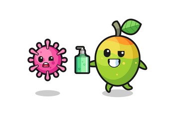 illustration of mango character chasing evil virus with hand sanitizer