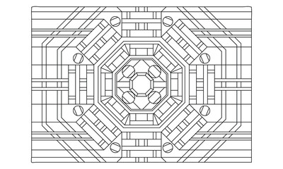 Coloring-#230 Landscape coloring pages for adults. Coloring-#230 Coloring Page of octagonal mandala with variations in stripes and squares pattern on the background. EPS8 file.