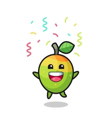 happy mango mascot jumping for congratulation with colour confetti