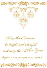 Holiday greetings Merry Christmas and Happy New Year. Balls gold decoration hand drawn lines. Abstract  illustration