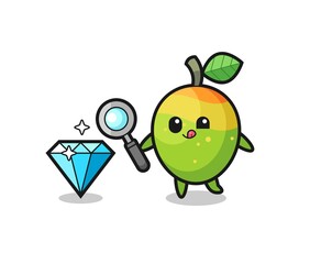 mango mascot is checking the authenticity of a diamond