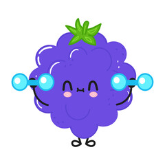 Cute funny blackberry  character with dumbbells. Vector hand drawn cartoon kawaii character illustration icon. Isolated on white background. Blackberry character gym concept