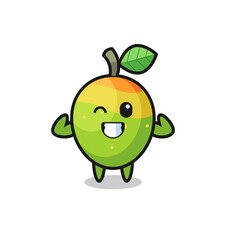 the muscular mango character is posing showing his muscles