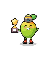 mango cartoon as an ice skating player hold winner trophy