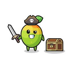 the mango pirate character holding sword beside a treasure box