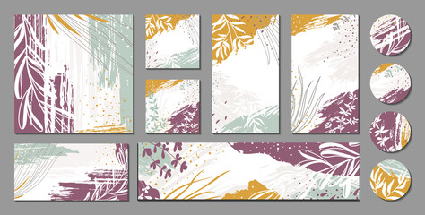 Trendy creative templates for social media posts, stories, banners, branding design, covers. Vector botanical backgrounds with paint textures, graphic elements, plants, leaves. Modern floral set. 