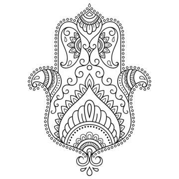 Hamsa hand drawn symbol with flower. Decorative pattern in oriental style for interior decoration and henna drawings. The ancient sign of "Hand of Fatima".