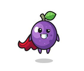 the cute passion fruit character as a flying superhero
