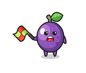 passion fruit cartoon as the line judge hold the flag up at a 45 degree angle