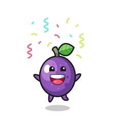 happy passion fruit mascot jumping for congratulation with colour confetti