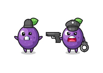 illustration of passion fruit robber with hands up pose caught by police