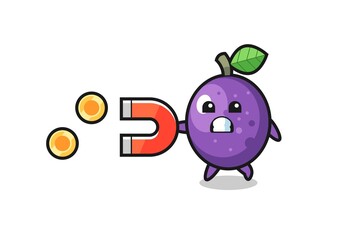 the character of passion fruit hold a magnet to catch the gold coins