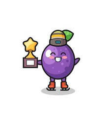 passion fruit cartoon as an ice skating player hold winner trophy