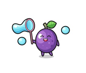 Fototapeta premium happy passion fruit cartoon playing soap bubble