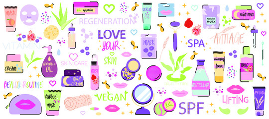 Skin care cosmetics. Vegan products. Cruelty free concept. Masks, creams, scrubs, sponge. Set of vector illustrations.