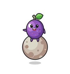 illustration of passion fruit cartoon sitting on the moon