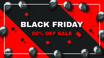 Black Friday With Balloons Background. Vector Design Banner Sale Discount Invitation Web Poster Flyer Stylish Brochure, Greeting Card Template