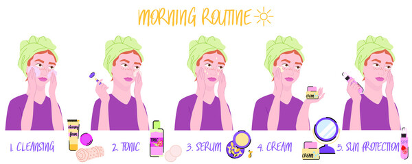 Stages of morning skin care. Various spa procedures. Beauty routine. Young girl cares for the skin. Vector illustration isolated on white background.
