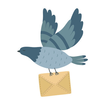 Flying post pigeon with a letter isolated on background.