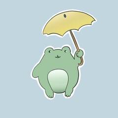 The cute frog standing with an umbrella isolated on blue background