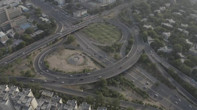 An aerial shot of the AIIMS flyover during COVID-19 lockdown in New Delhi, India