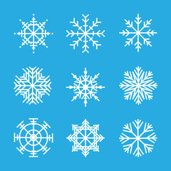 Icon set of white xcmas snowflakes on blue background. Crismas design elements. Vector illustration