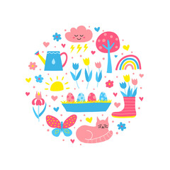 Doodle spring icons in circle.